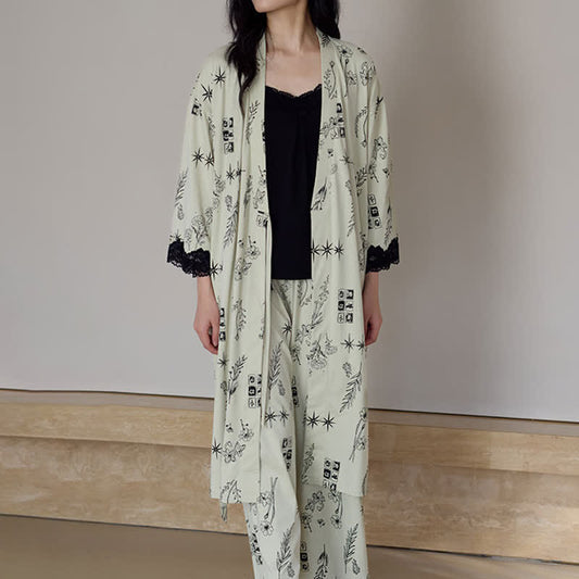 Black Floral Leaf Robe Pajama Set(3PCS) - image 0