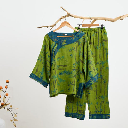 Bamboo Oriental Tassel Cotton Pajama Set - Green - 2XL - image 0
