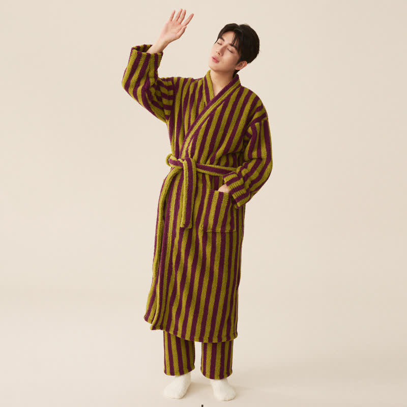 Winter Fleece Modern Stripe Long Bathrobe - Bathrobe with pants - Green & Purple - Men XL - image 7
