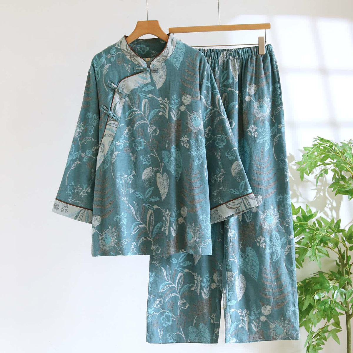 Oriental-Inspired Floral Cotton Gauze Pajama Set - Green - XXL - image 11