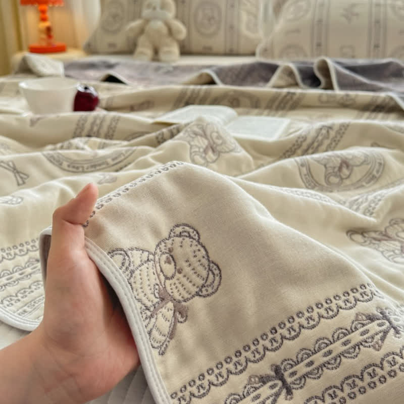 Bear Floral Stripe Cotton Muslin Quilt - image 4