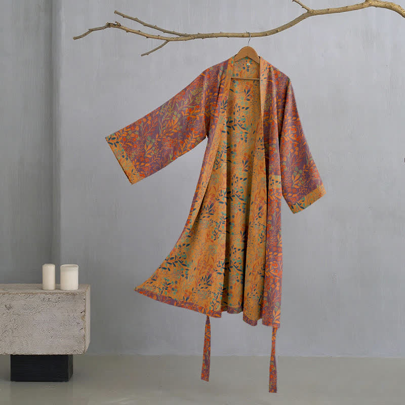 Vintage Leaf Cotton Gauze Kimono Robe - Grey & Orange - 2XL - image 5