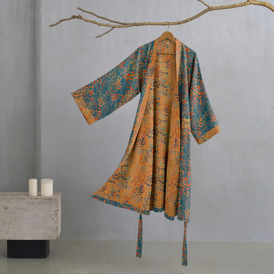 Vintage Leaf Cotton Gauze Kimono Robe - Blue & Orange - 2XL - image 0