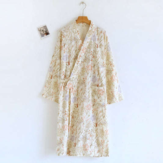 Muted Floral Cotton Gauze Kimono Bathrobe - L - image 0