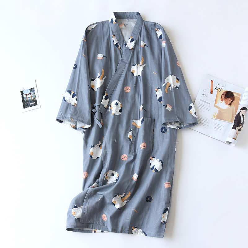 Matching Cat Cotton Gauze Kimono Bathrobe - Dark Blue - Men - L - image 14