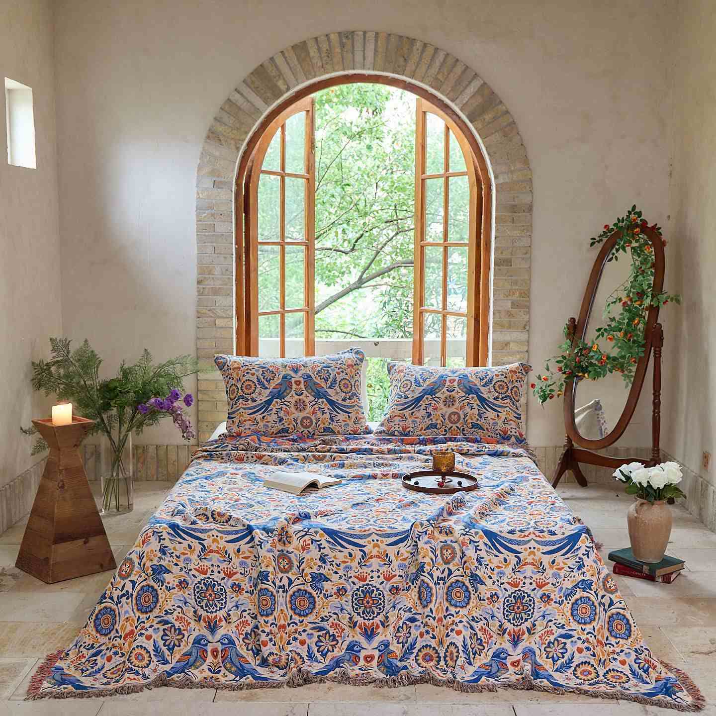 Ownkoti Vintage Bird Cotton Gauze Tassel Blanket - 2PCS Pillowcases - 19" x 29" - image 0