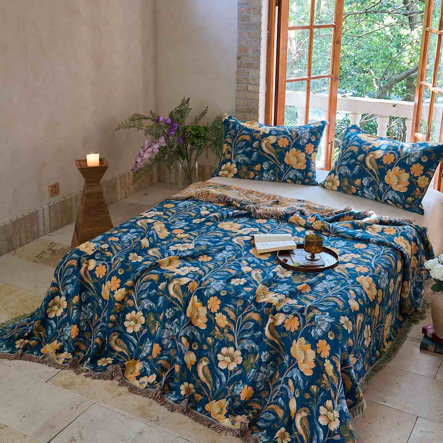 Ownkoti Vibrant Floral Bird Tassel Cotton Blanket - image 1