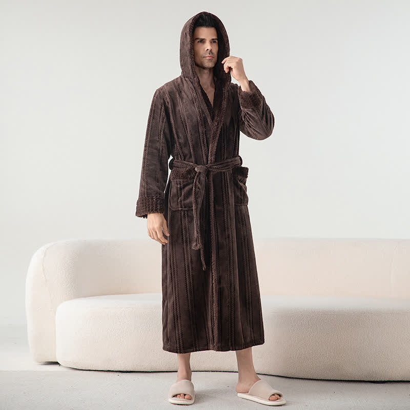 Fleece Hooded Winter Long Bathrobe - Brown - Men XL - image 12