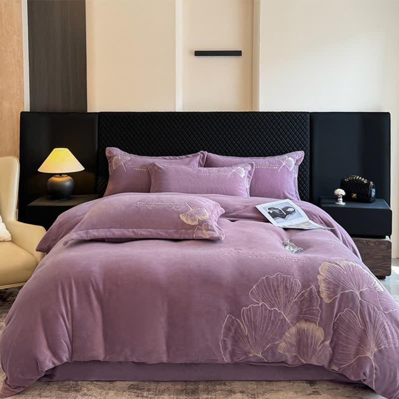 Ownkoti Elegant Ginkgo Leaf Plush Bedding Set(4PCS) - Purple - King - image 5