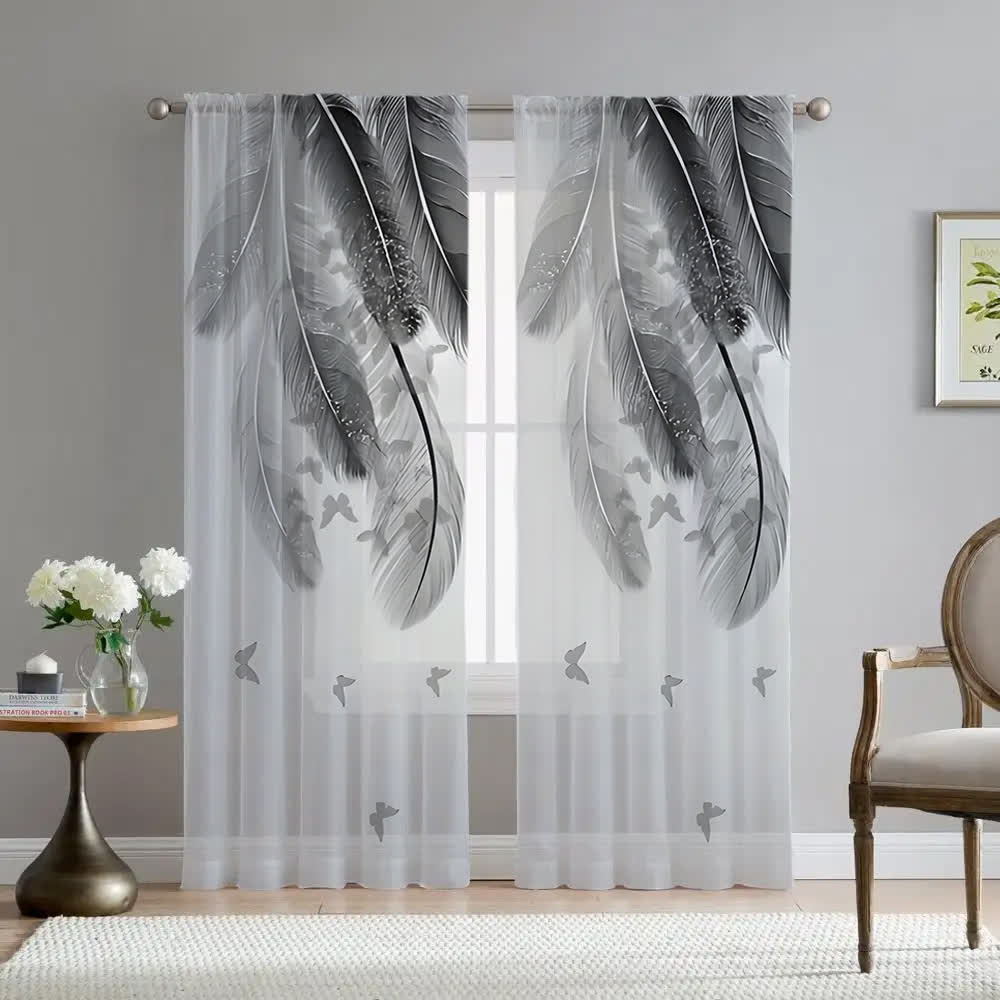 Ownkoti Feather Butterfly Print Sheer Curtain - Rod Pocket - 52" x 95" - image 0
