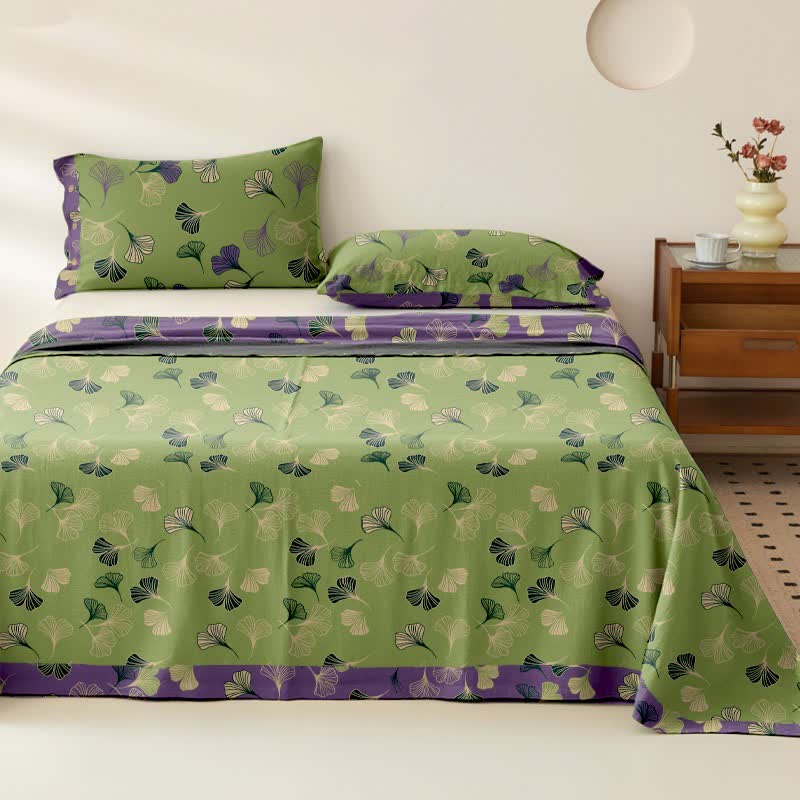 Ownkoti Ginkgo Leaf Cotton Gauze Sheet Bedspread - Green - Bedspread with 2PCS Pillowcases - King - image 0