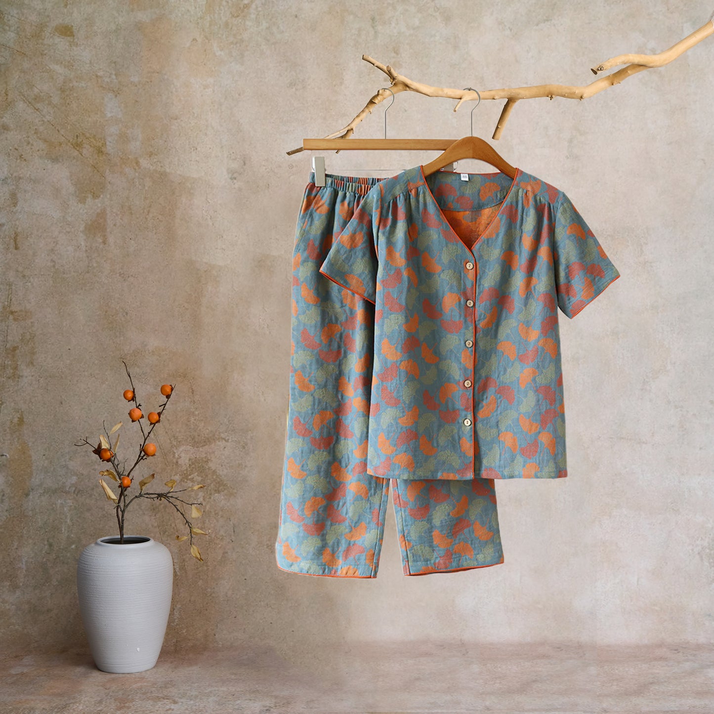 Ginkgo Leaf Jacquard V-neck Short Loungewear - image 2