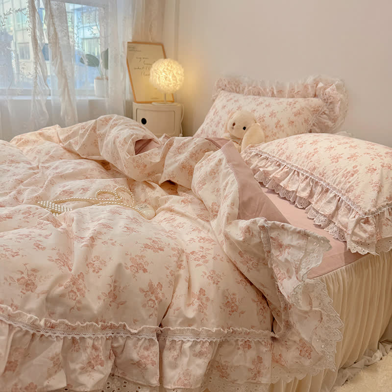 Ownkoti Elegant Leaf Floral Cotton Lace Bedding Set - Pink - Queen - image 2