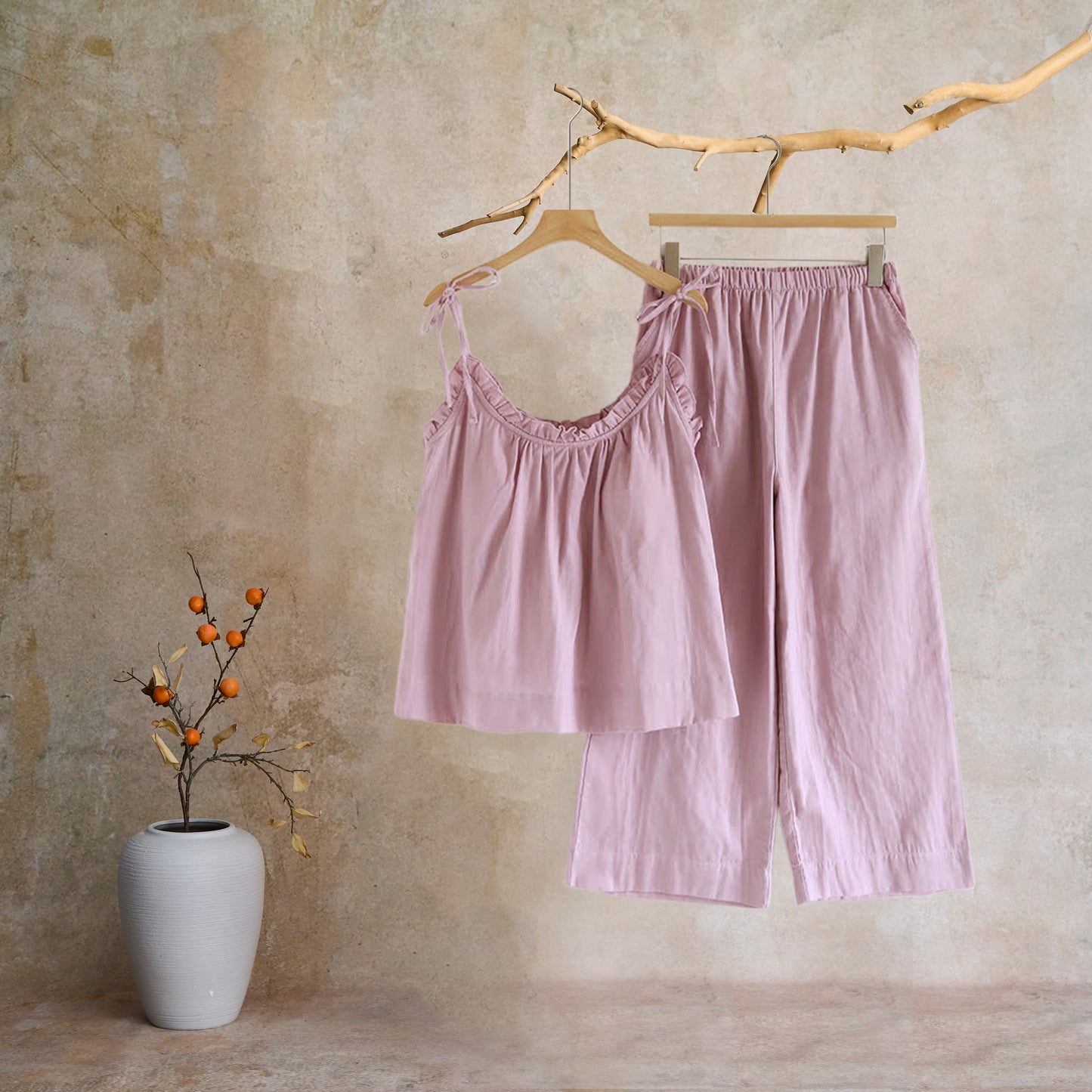 Solid Color Ruffle Cotton Camisole Pajamas - image 17