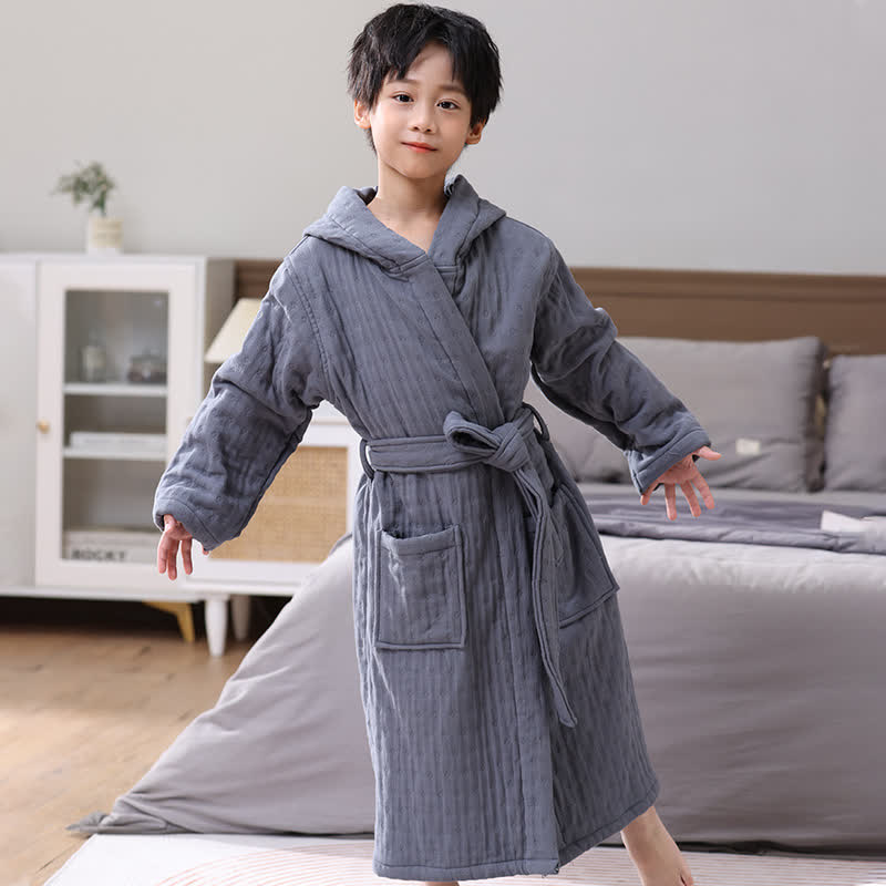 Solid Cotton Gauze Hooded Child Bathrobe - image 9