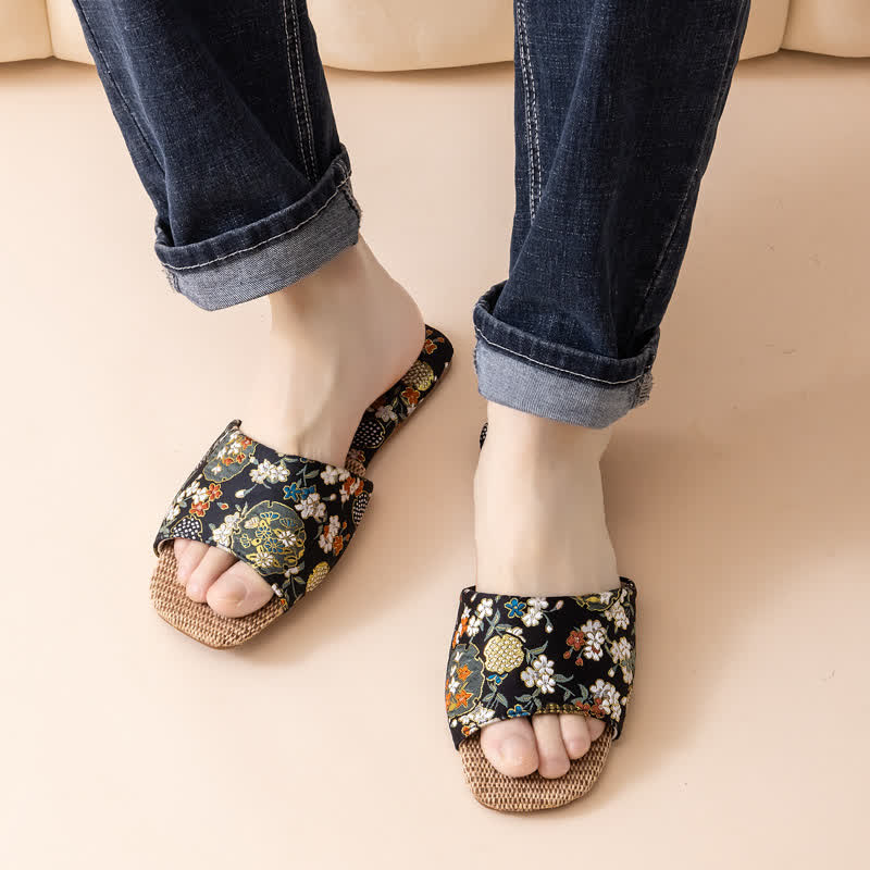 Floral Embroidered Linen House Slippers - Black - L - image 17