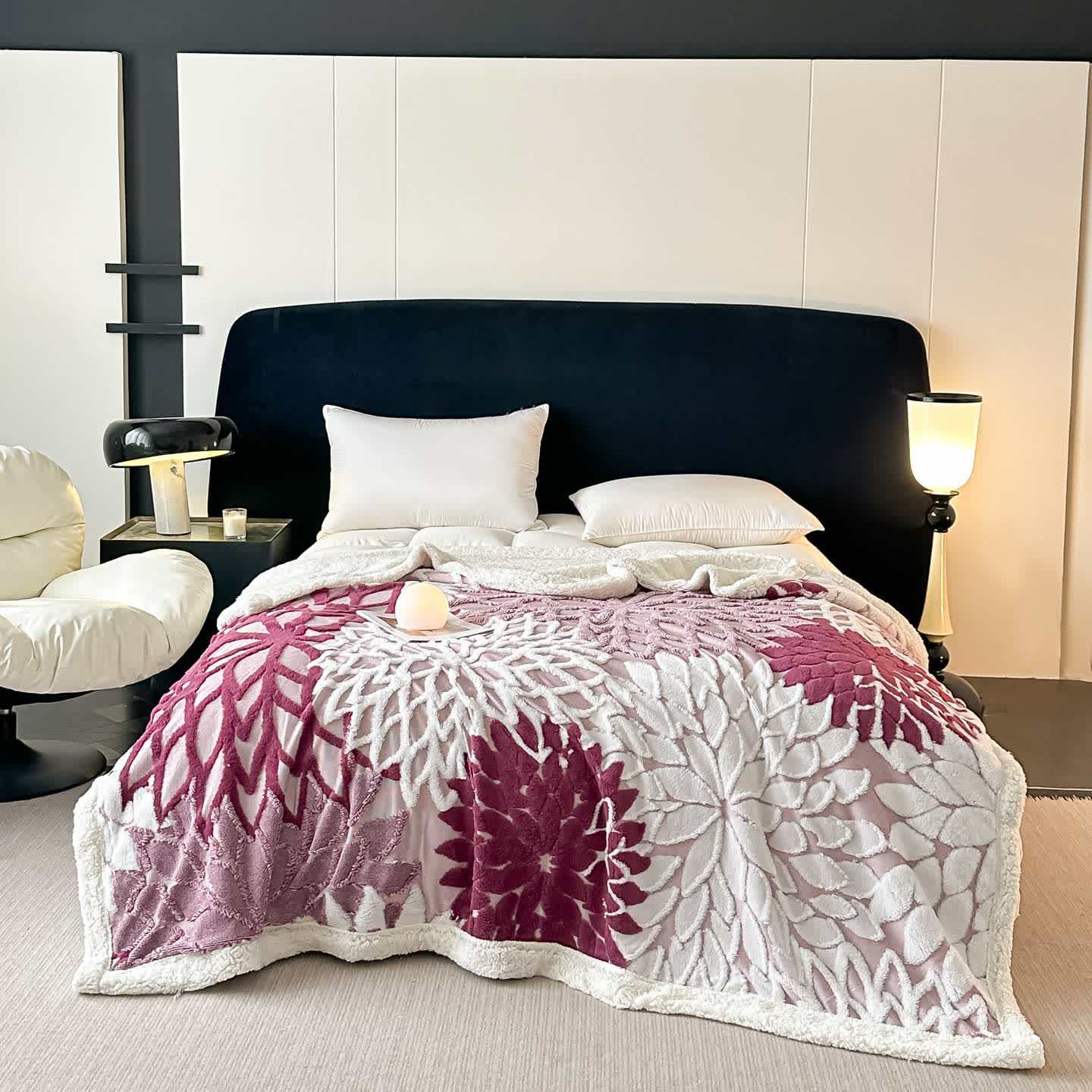 Floral-inspired Jacquard Sherpa Blanket - Purple - Queen - image 17
