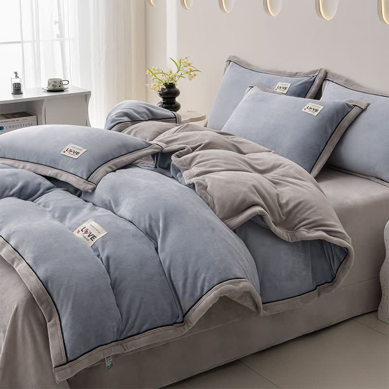 Reversible Warm Plush Bedding Set(4PCS) - Blue Gray + Light Gray - King - image 12