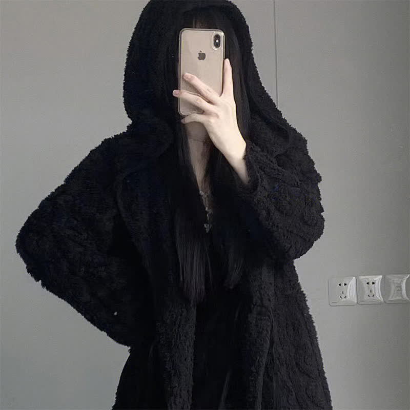 Fluffy Minimalist Black Hooded Robe - image 4