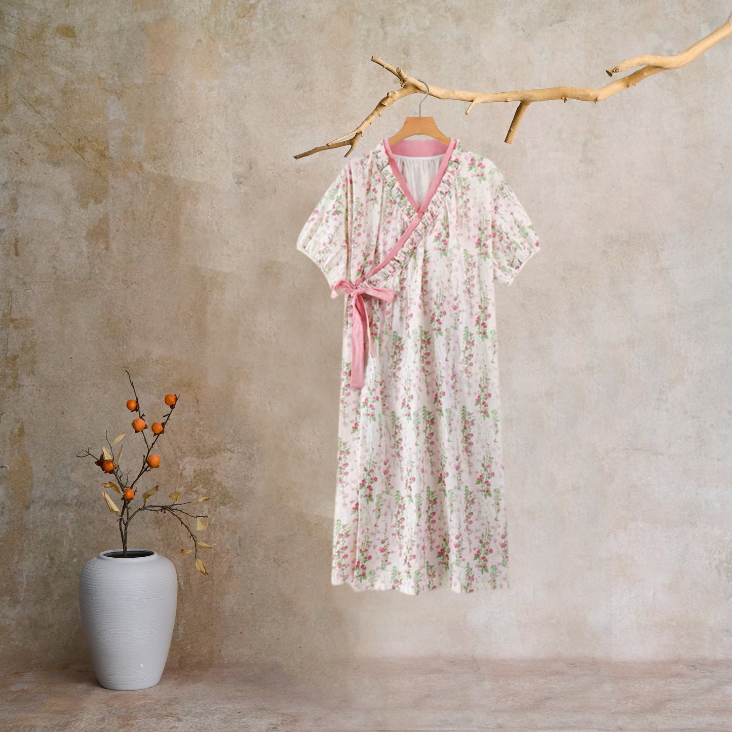 Elegant Floral Print Tie-Back Nightgown with Pocket - image 8