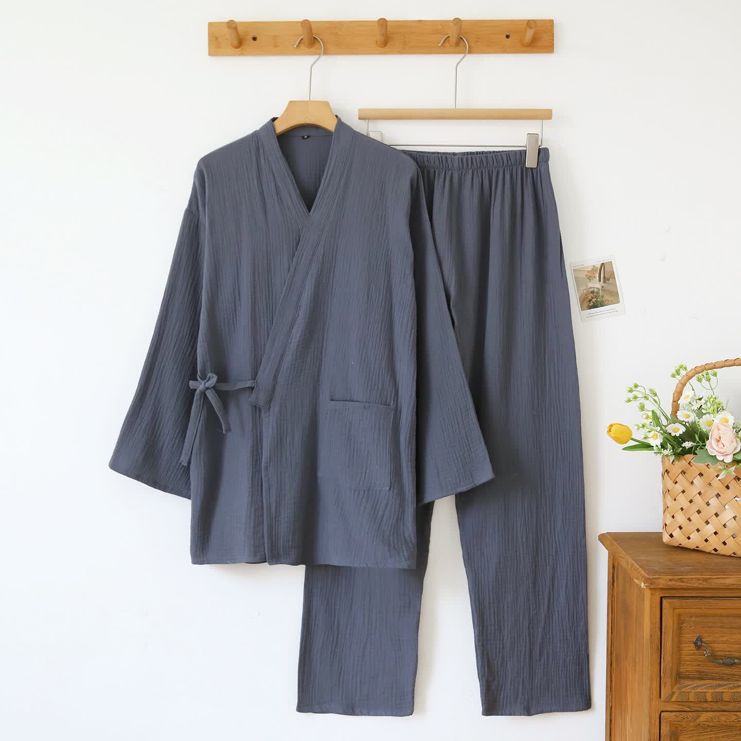 Unisex Minimalist Cotton Gauze Kimono Loungewear - Dark Grey - Men XL - image 14