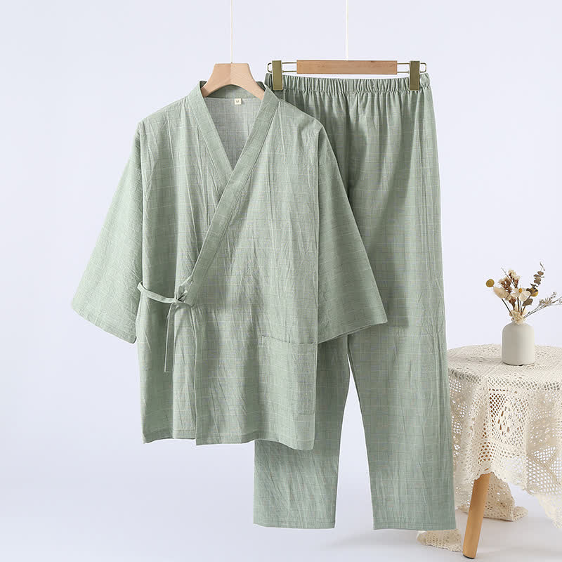 Subtle Plaid Cotton Gauze Kimono Loungewear - Green - XL - image 10
