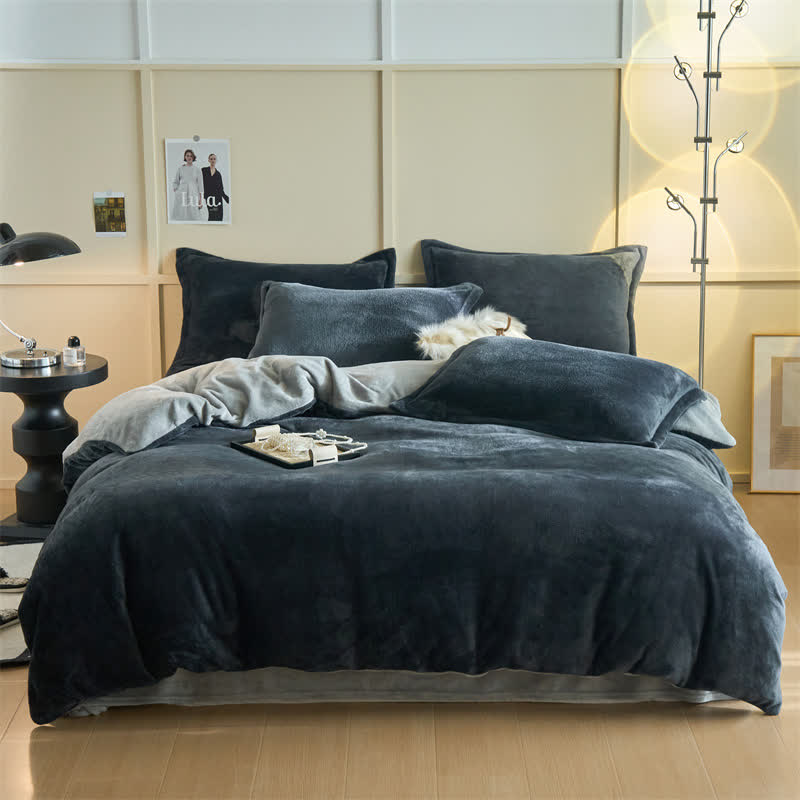 Simple Reversible Solid Plush Bedding Set - Dark Gray & Gray - Bedding Set - King - image 12