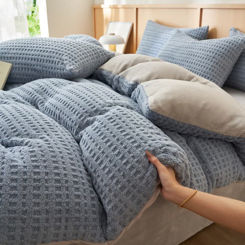 Plaid Textured Fluffy Bedding Set(4PCS) - Light Blue - King - image 8