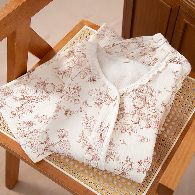 Retro Floral Cotton Gauze Ruffled Pajama Set - image 1