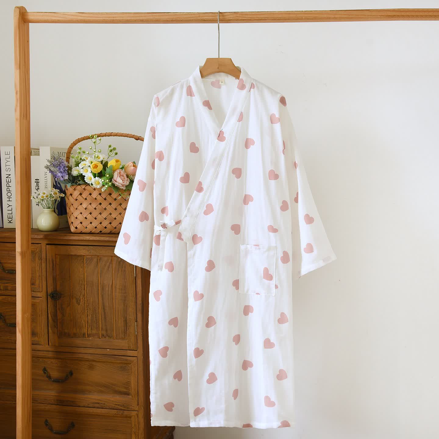 Heart Cotton Gauze Kimono Bathrobe - White - L - image 12