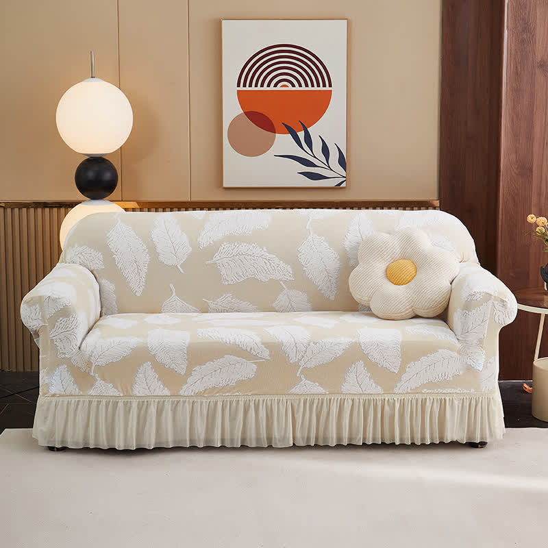 Jacquard Leaf Elastic Full-Wrap Slipcover - Beige - 4-Seater 92" - 118" - image 14