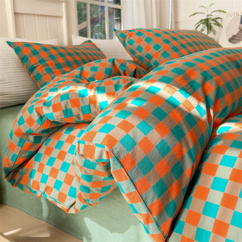 Checkered Pattern Pure Cotton Quilt Covers Bedding Set - Orange & Green - Bedding Set - Queen - image 10
