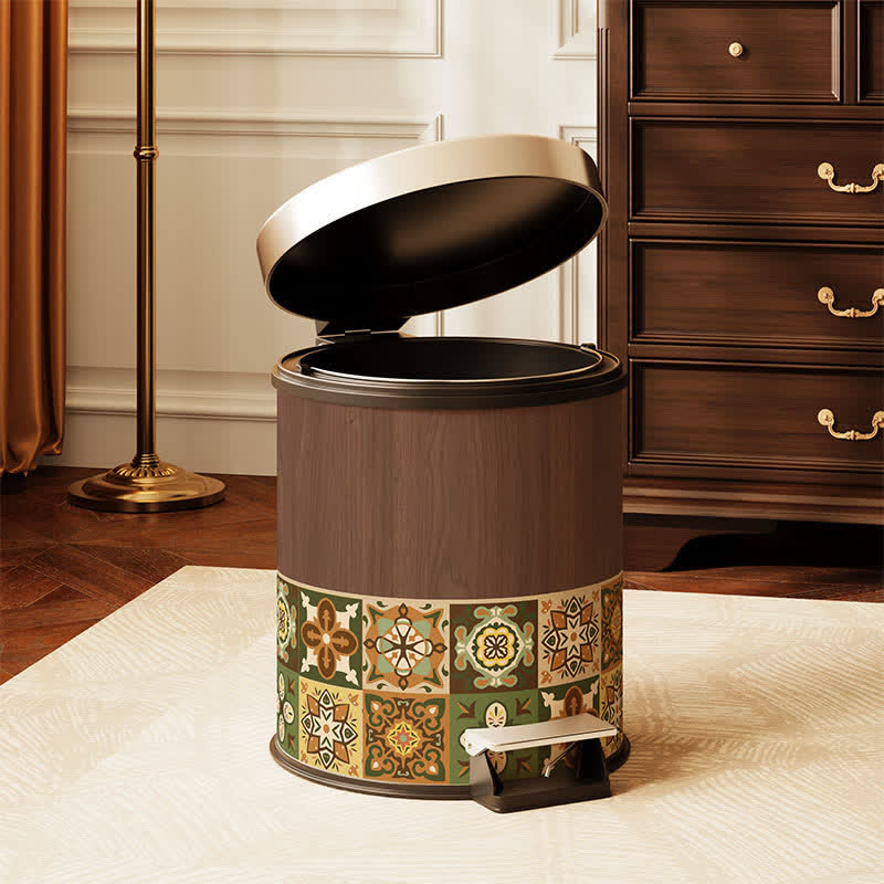Vintage Mediterranean Double-Layer Trash Can - Dark Walnut - Foot Pedal - 10"W x 10"L x 12"H - image 6