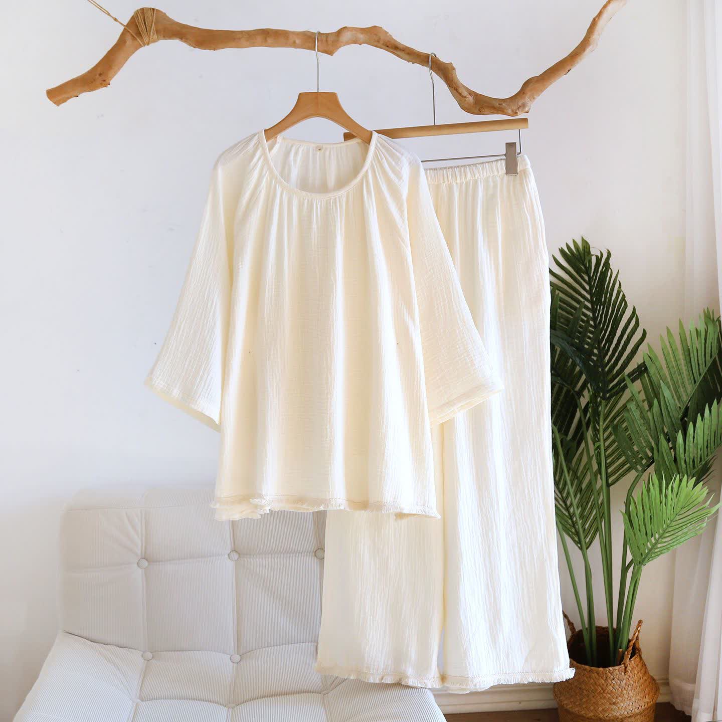 Minimalist Solid Color Cotton Loungewear Set - Beige - XL - image 16