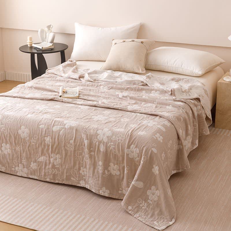 Elegant Floral Jacquard Cotton 3-Layer Gauze Quilt - Camel - Queen - image 7