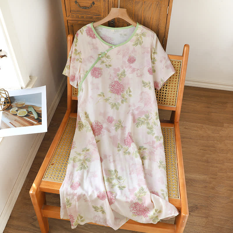 Romantic Oriental Floral Short Sleeve Nightgown - Pink - XL - image 0