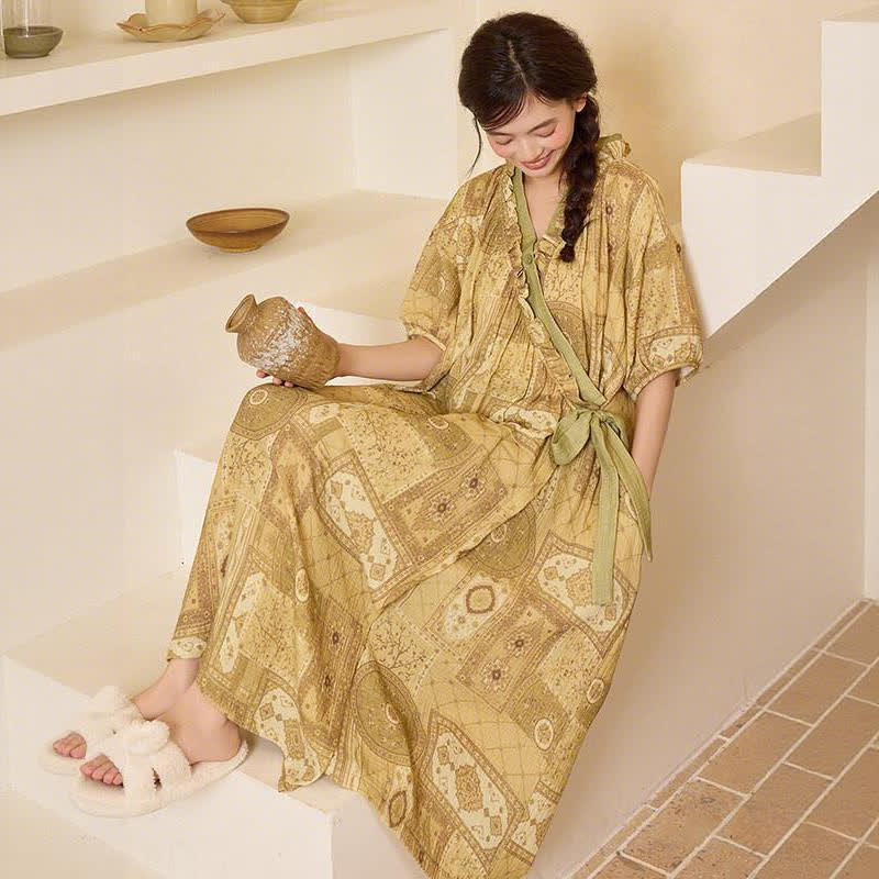 Ethnic Style Ruffled Collar Side-Tie Nightgown - image 10