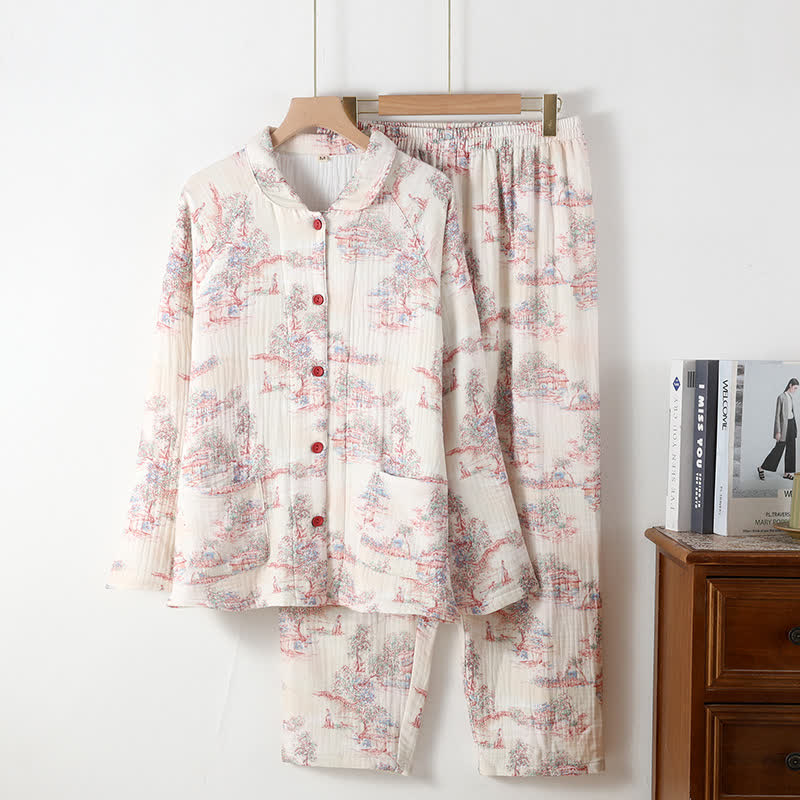 Oriental Artistic Tree Cotton Gauze Loungewear - Beige - Peter Pan Collar - XL - image 7