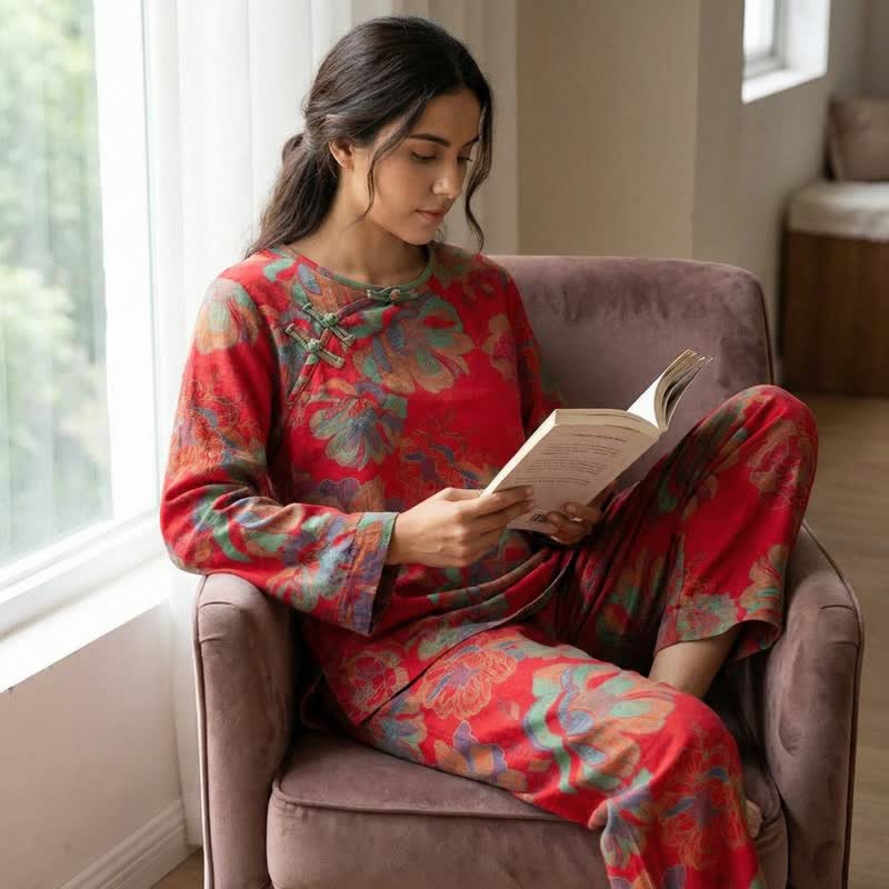 Red Oriental Floral Cotton Loungewear Set - image 2