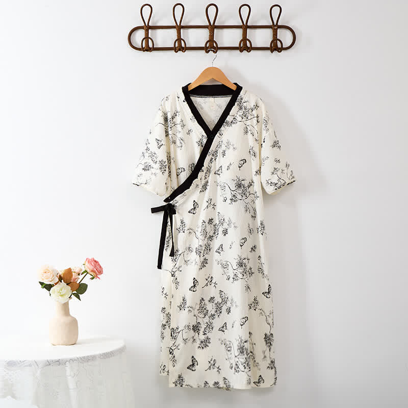 Floral Butterfly Print Padded Tie Nightgown with Pocket - image 3