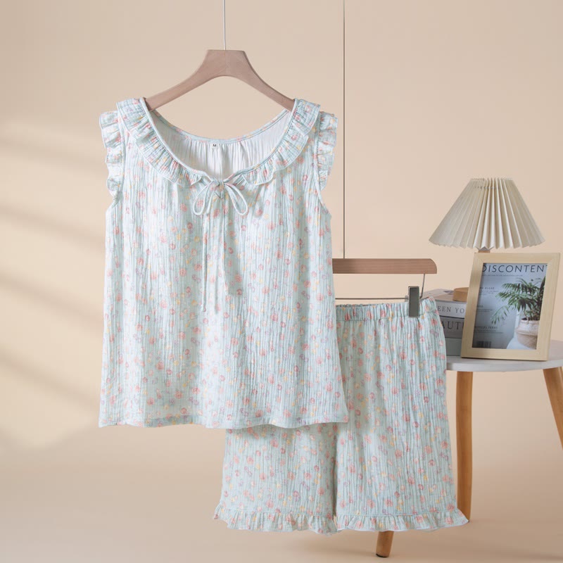 Elegant Floral Cotton Gauze Sleeveless Pajamas - Blue - XL - image 0