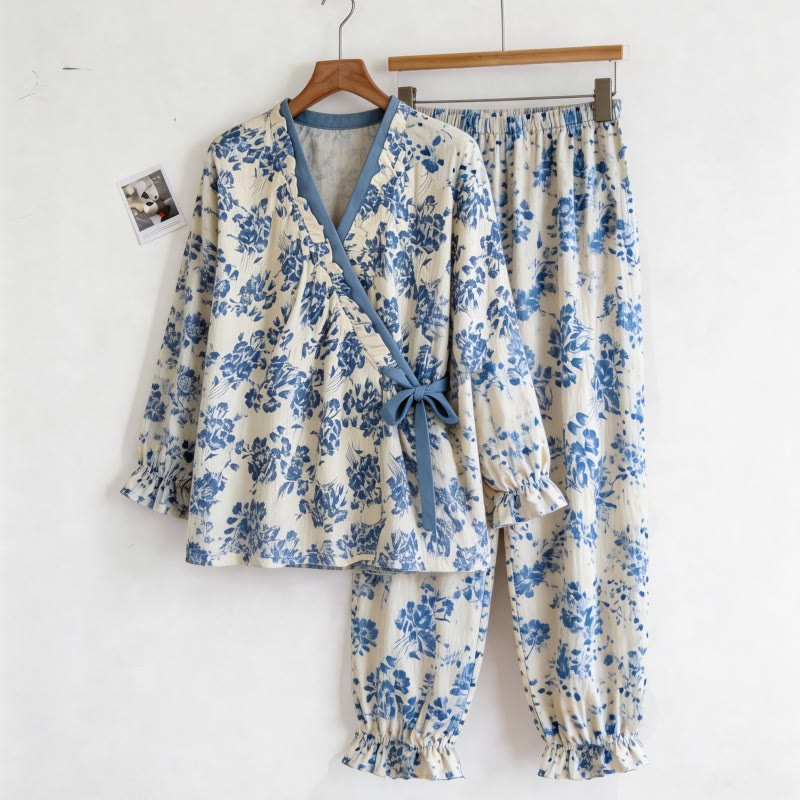 Ruffled Neck Blue Floral Pajama Set - image 4