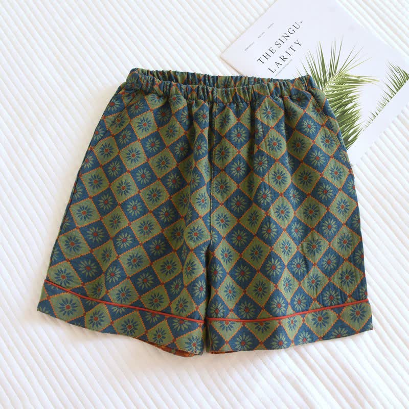 Plaid & Floral Cotton Gauze Pajama Shorts - Blue - 2PCS - XL - image 0