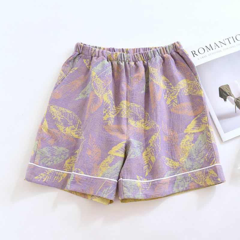 Artistic Leaf Cotton Gauze Pajama Shorts - Purple - 2PCS - XL - image 8