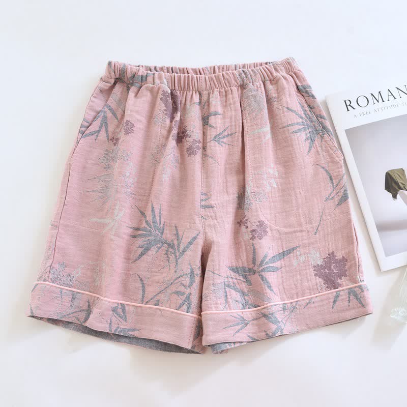 Bamboo Leaf Cotton Gauze Pajama Shorts - Pink - 2PCS - XL - image 0