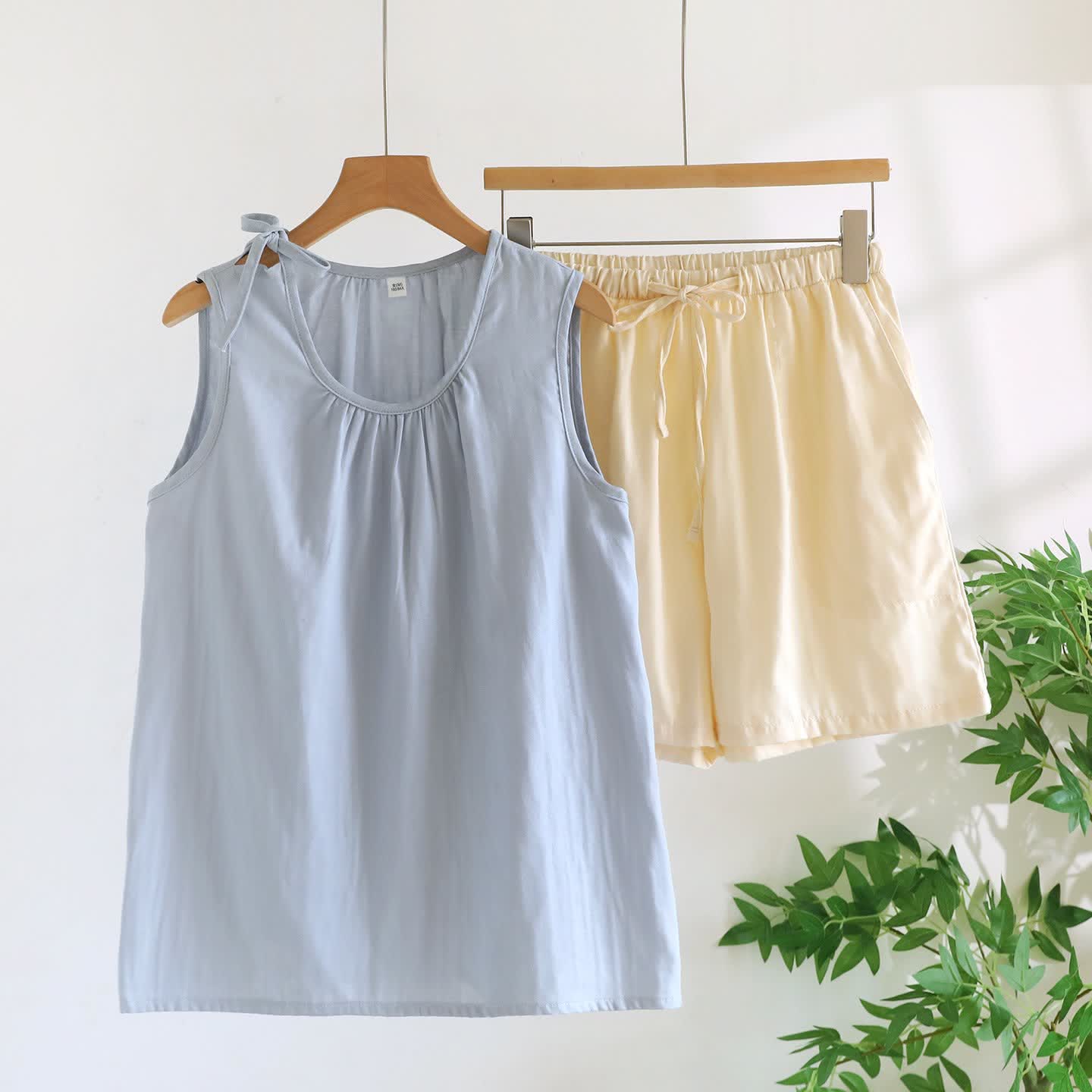 Solild Cotton Double Gauze Sleeveless Pajamas - Blue & Beige - XL - image 10