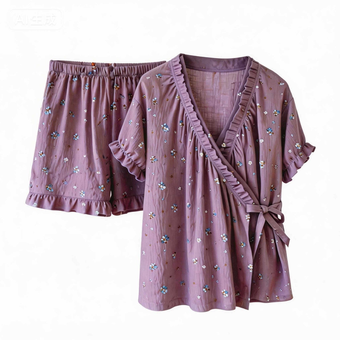 Elegant Purple Floral Ruffle Sleeve Pajamas - image 2