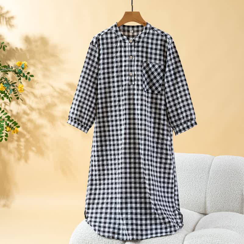 Classic Plaid Pure Cotton Nightgown - Black - XL - image 15