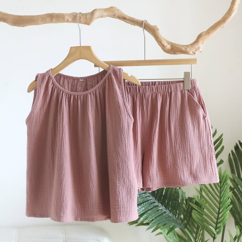 Cotton Double Gauze Tank Top & Shorts Set - Pink - XL - image 13