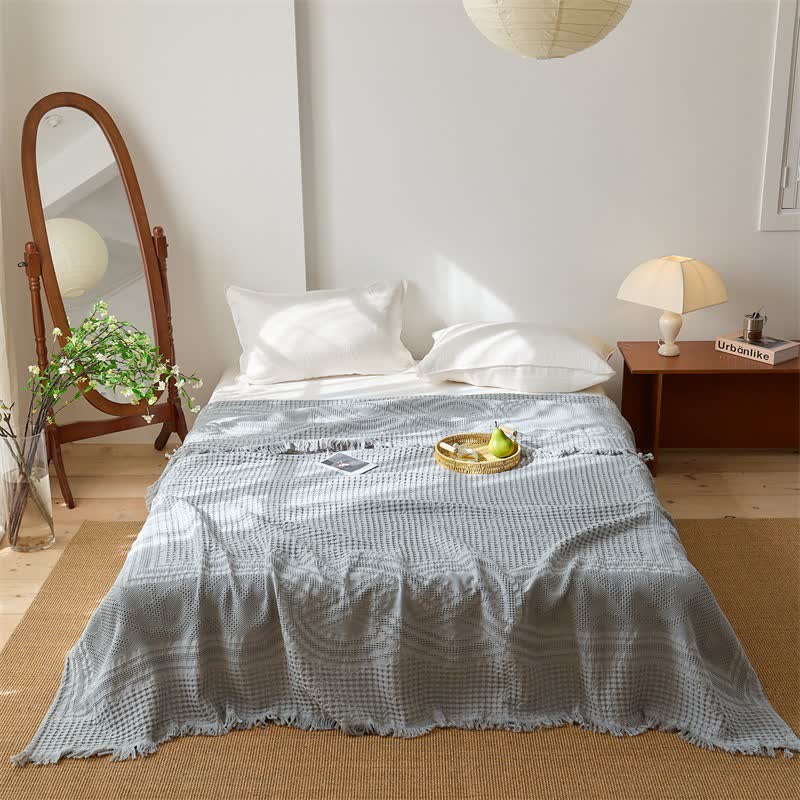 Cotton Waffle Weave Tassel Quilt Blanket - Gray - Queen - image 7